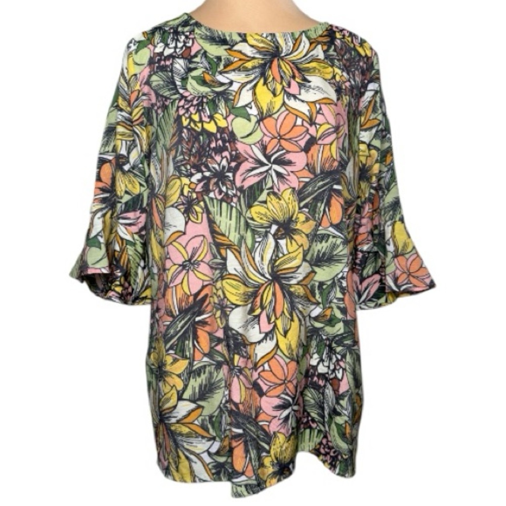 BAKU Tropical Floral Blouse 3/4 Sleeve Ruffle Cuffs Jewel Neck Vibrant Print L